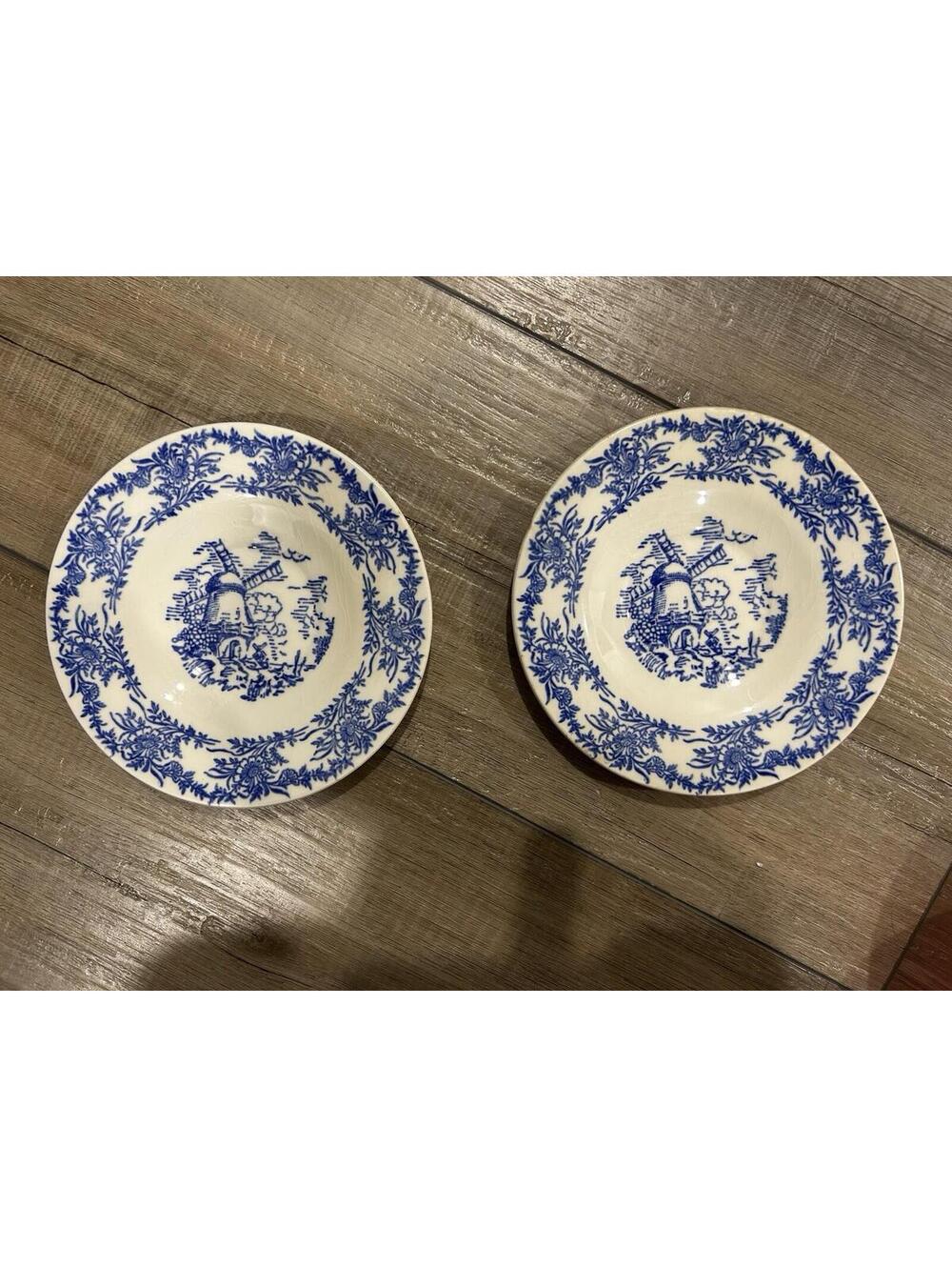 2 Vintage Royal China Bread / Dessert Plate Blue Underglaze White Windmill USA